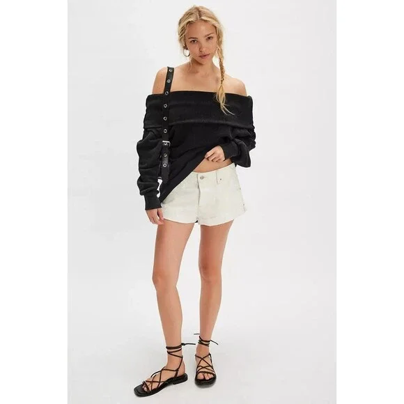 Free People Off Chill Sweatshirt Tunic Top Off Shoulder Longline Fit L 284539